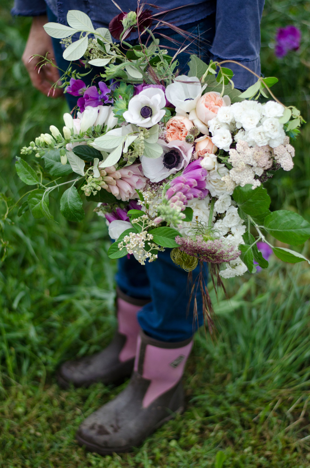 farmer florist purple brides bouquet spring anemones roses sweetpeas