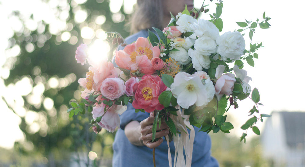 spring bouquet, wedding bouquet, peonies, coral charm, verbena, farmer florist, clematis
