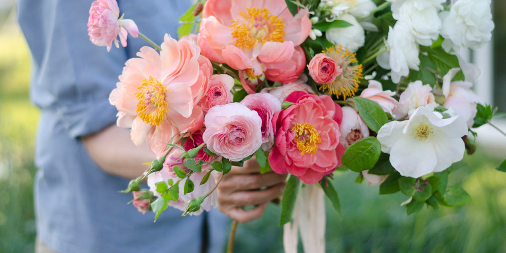 spring bouquet, wedding bouquet, peonies, coral charm, verbena, farmer florist, clematis