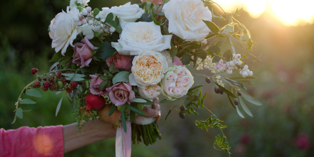 garden roses and poemegranate wedding bouquet sacramento florist